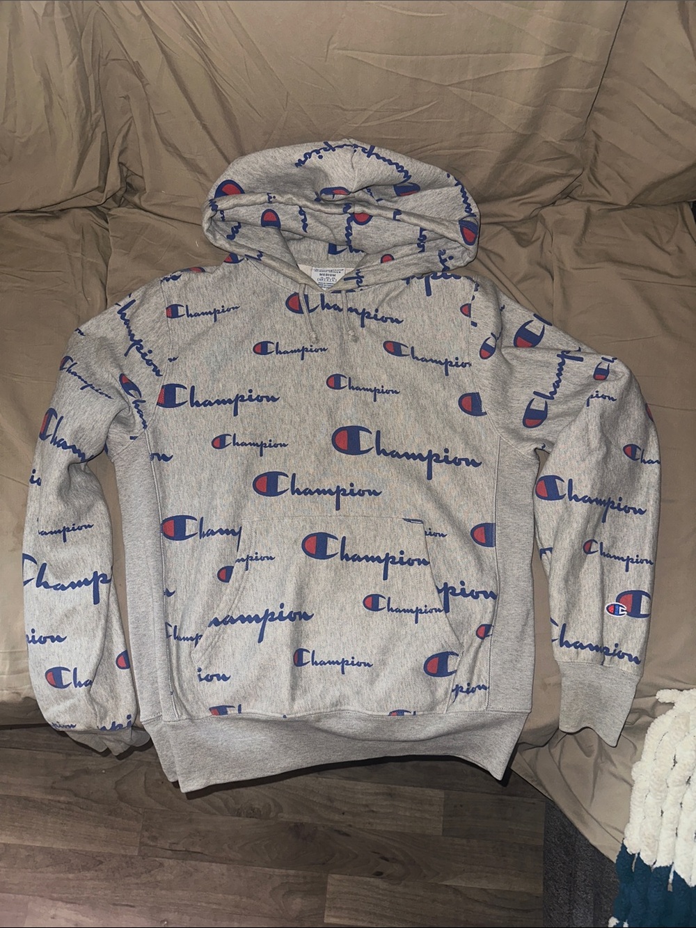 Champion Gray Hoodie with Blue & Red Logo Print